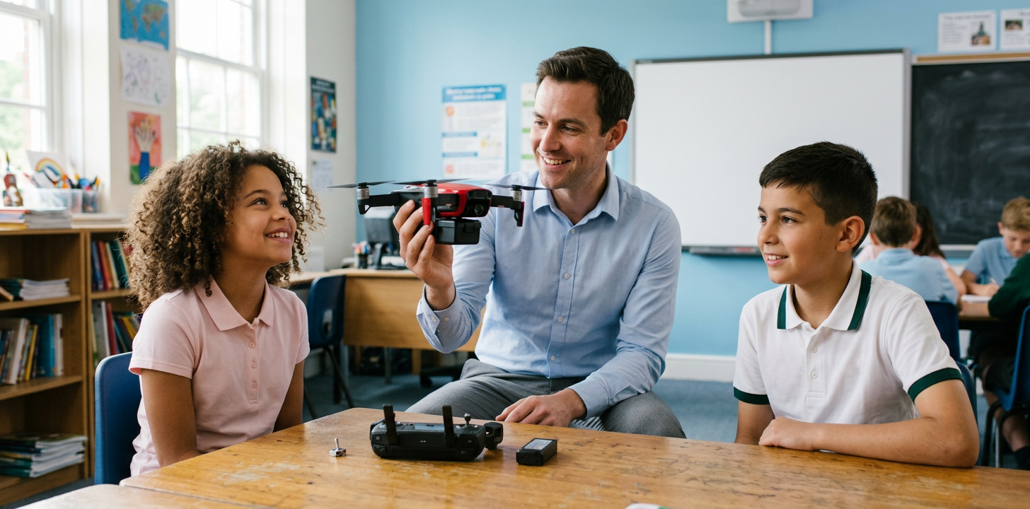 A teacher holds up the modified drone while two students look on, the remote and parts on the table in front of them