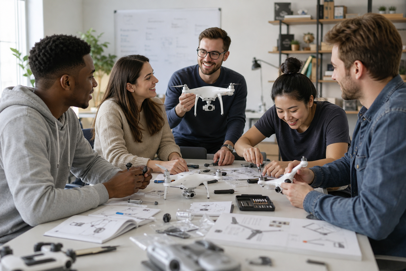 Five colleagues around a bright office table build two small drones together, parts and printed manuals on the table