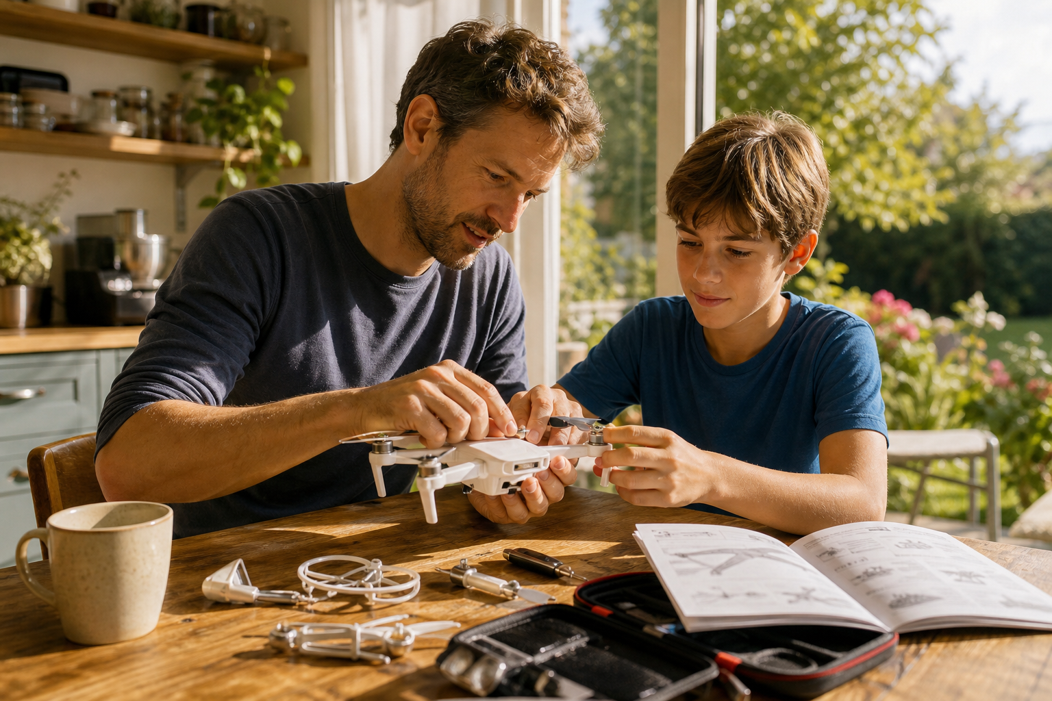 A parent and a child build a small drone together at a sunlit kitchen table, parts and the printed manual on the wood