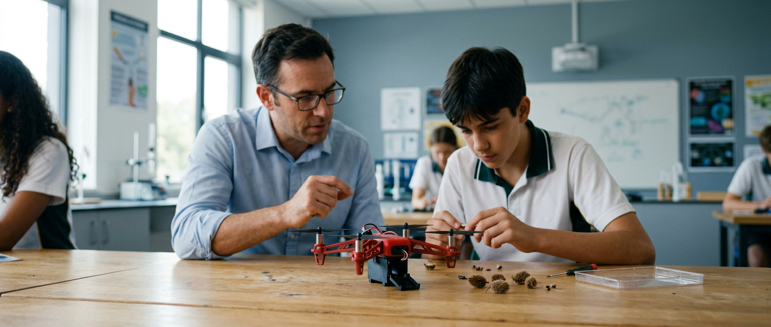 A teacher and a student assembling a small red drone with a black drop box cartridge on a classroom table, seed pods beside it