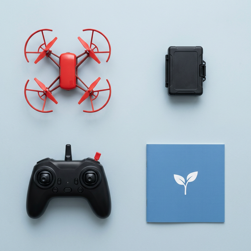 The ReSeed Kit laid out from above: the drone, the drop box cartridge, the remote with its added switch and the printed manual
