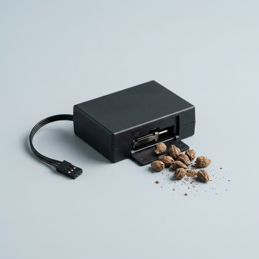 A black cartridge box with its gate open and seed pods spilling out