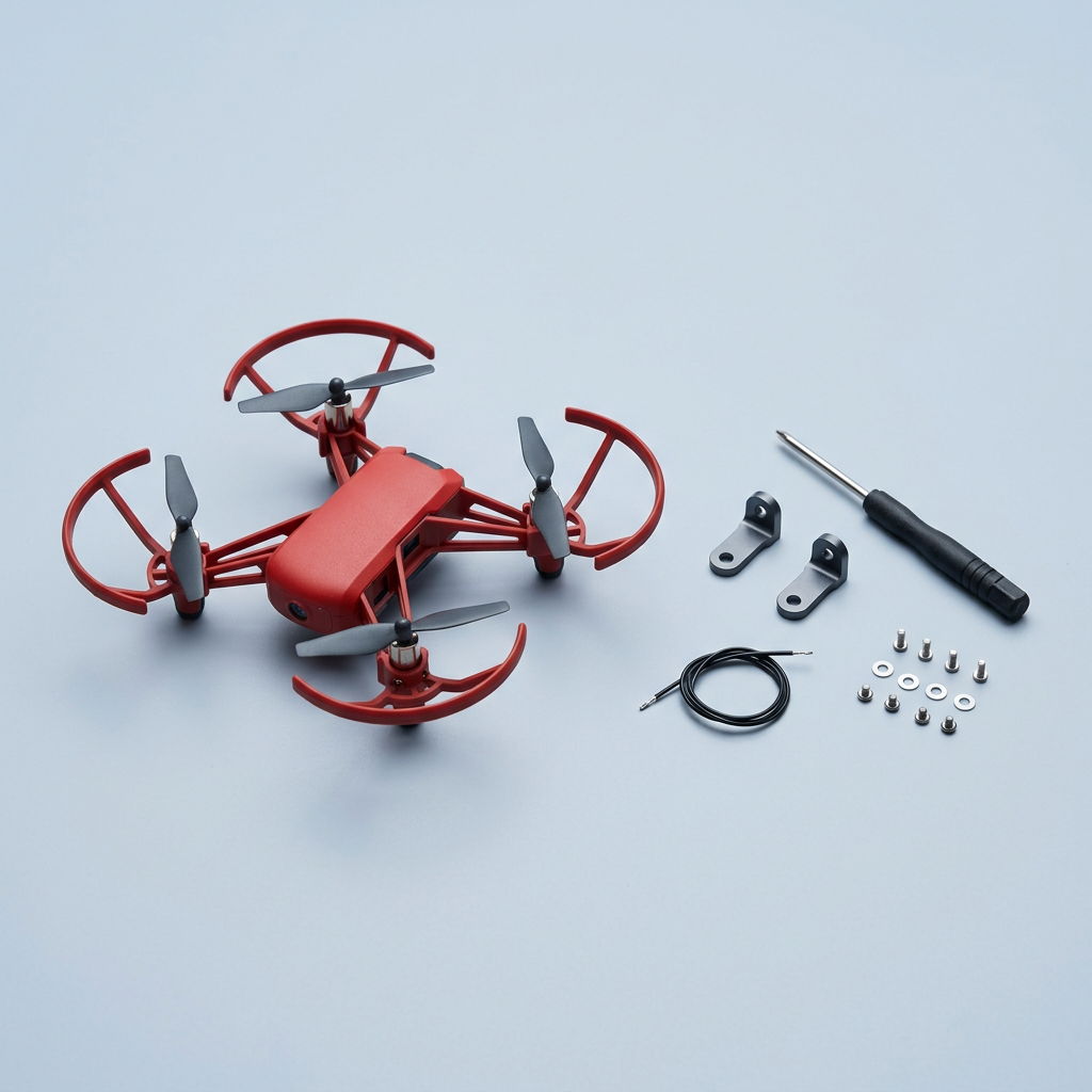 A small red drone laid out next to brackets, a screwdriver, a wire and screws