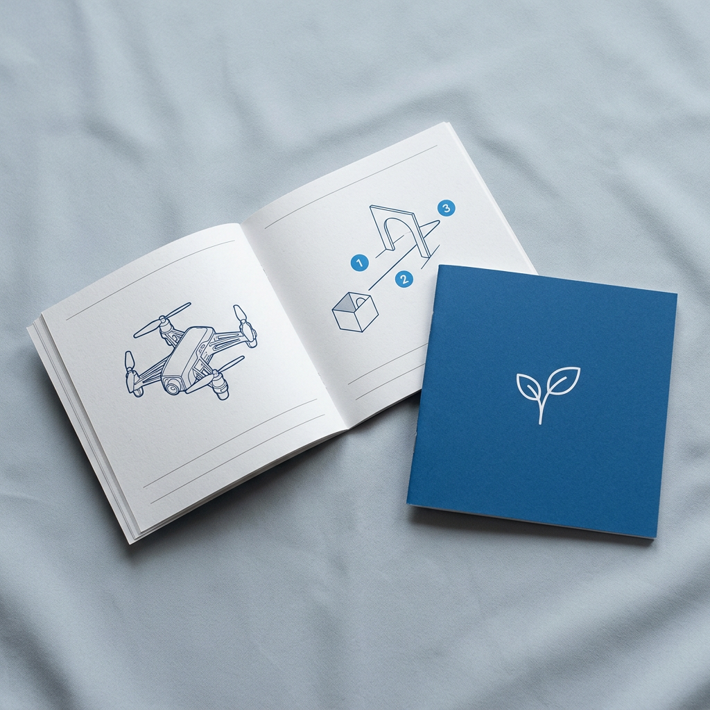 An open printed manual showing line drawings of the drone and the drop box, beside a closed copy