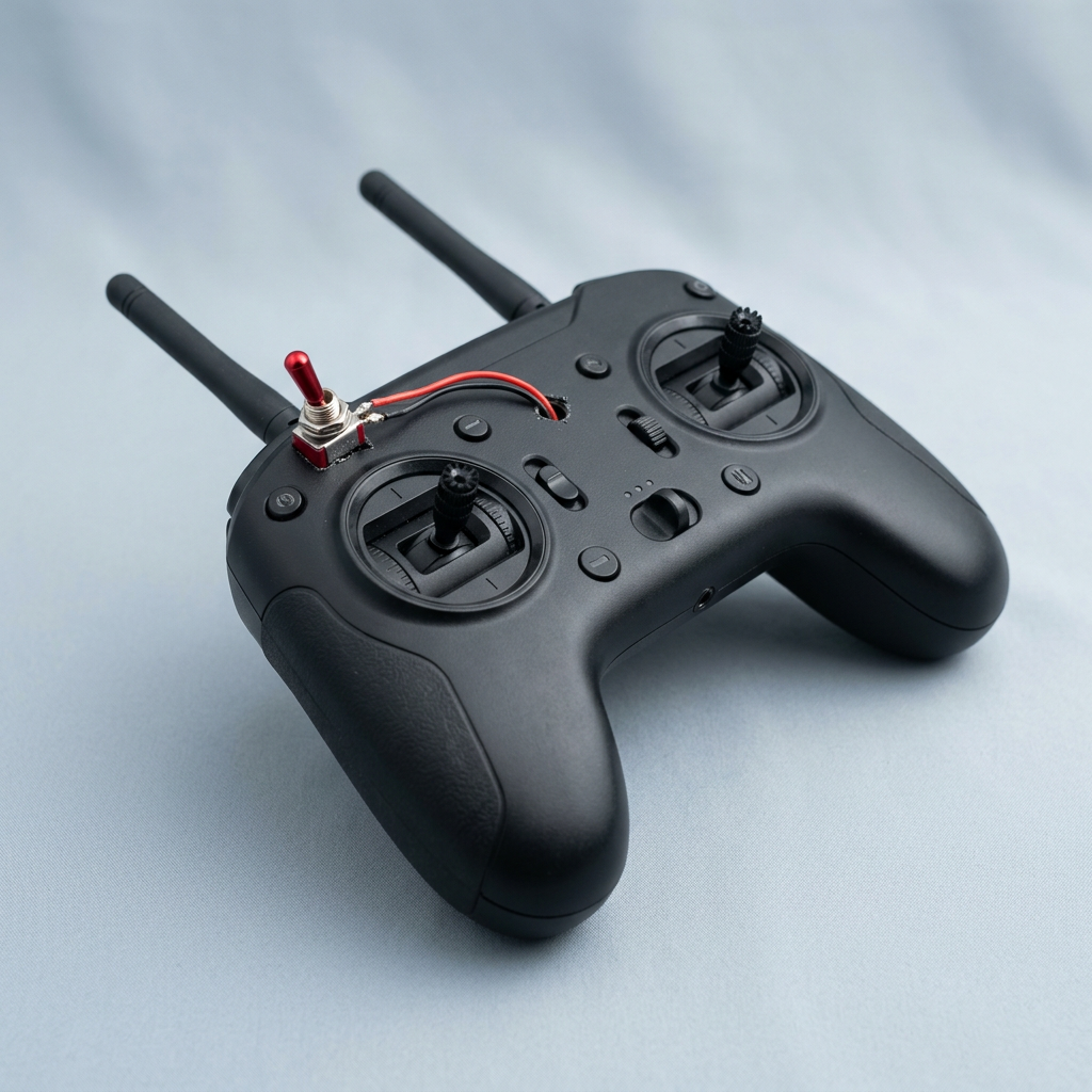 A black drone remote with a small red toggle switch wired on top
