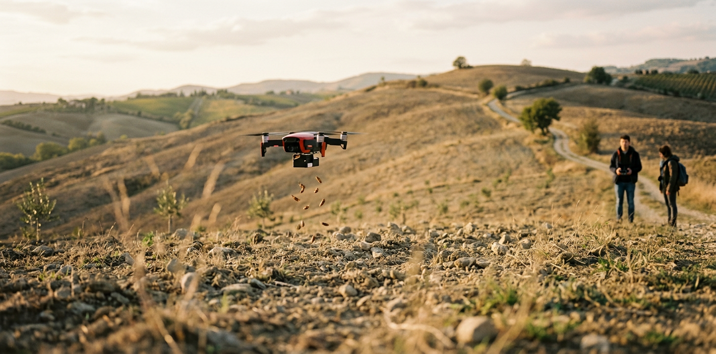 The red drone hovering over a bare hillside while seed pods fall beneath it, two students watching in the distance