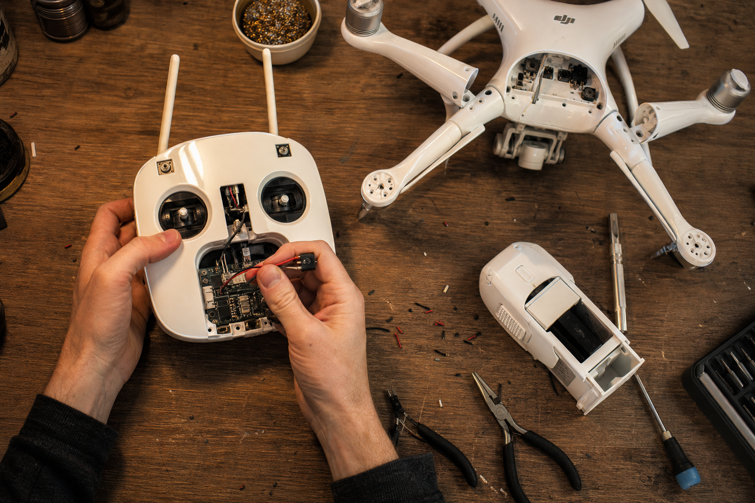 Hands wire a trigger switch into a drone remote at a workbench, the drone partly taken apart beside a drop box cartridge