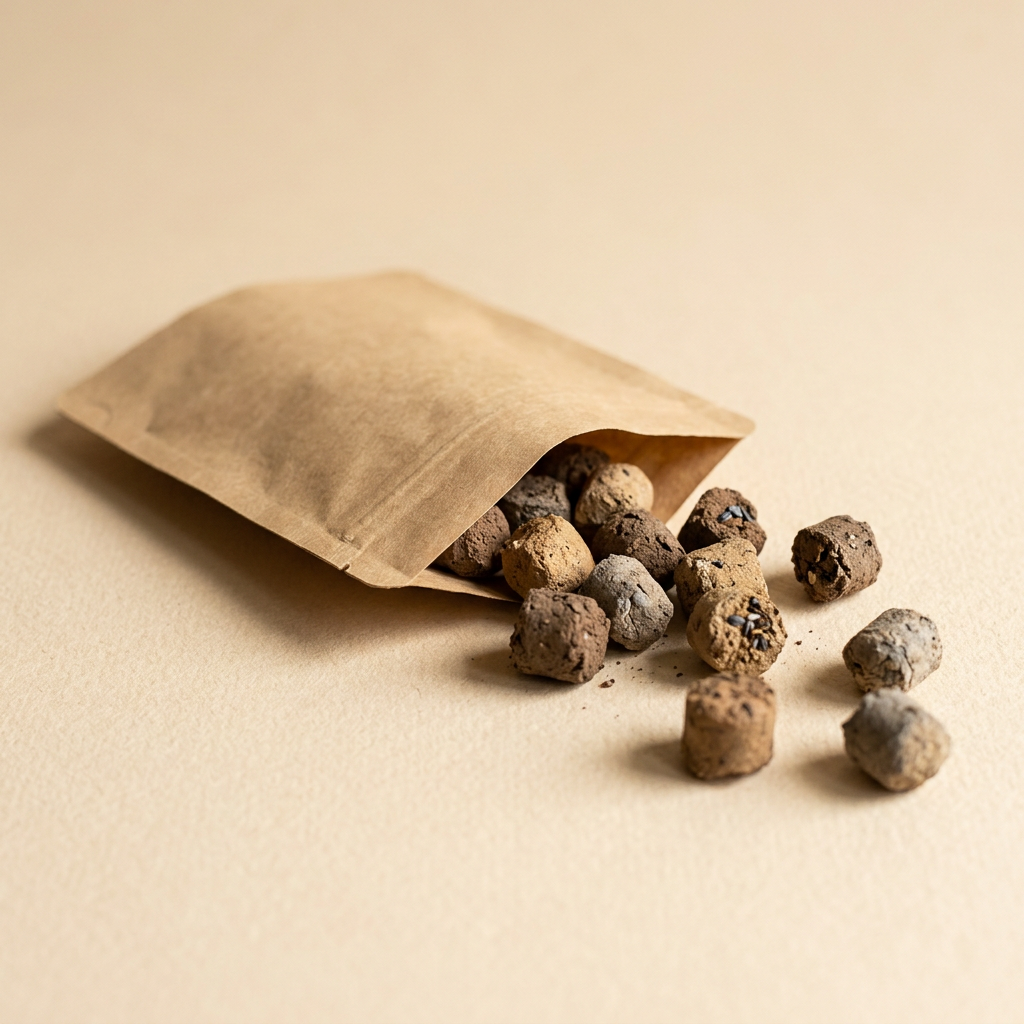 A paper pouch with brown seed pods spilling out onto a warm surface