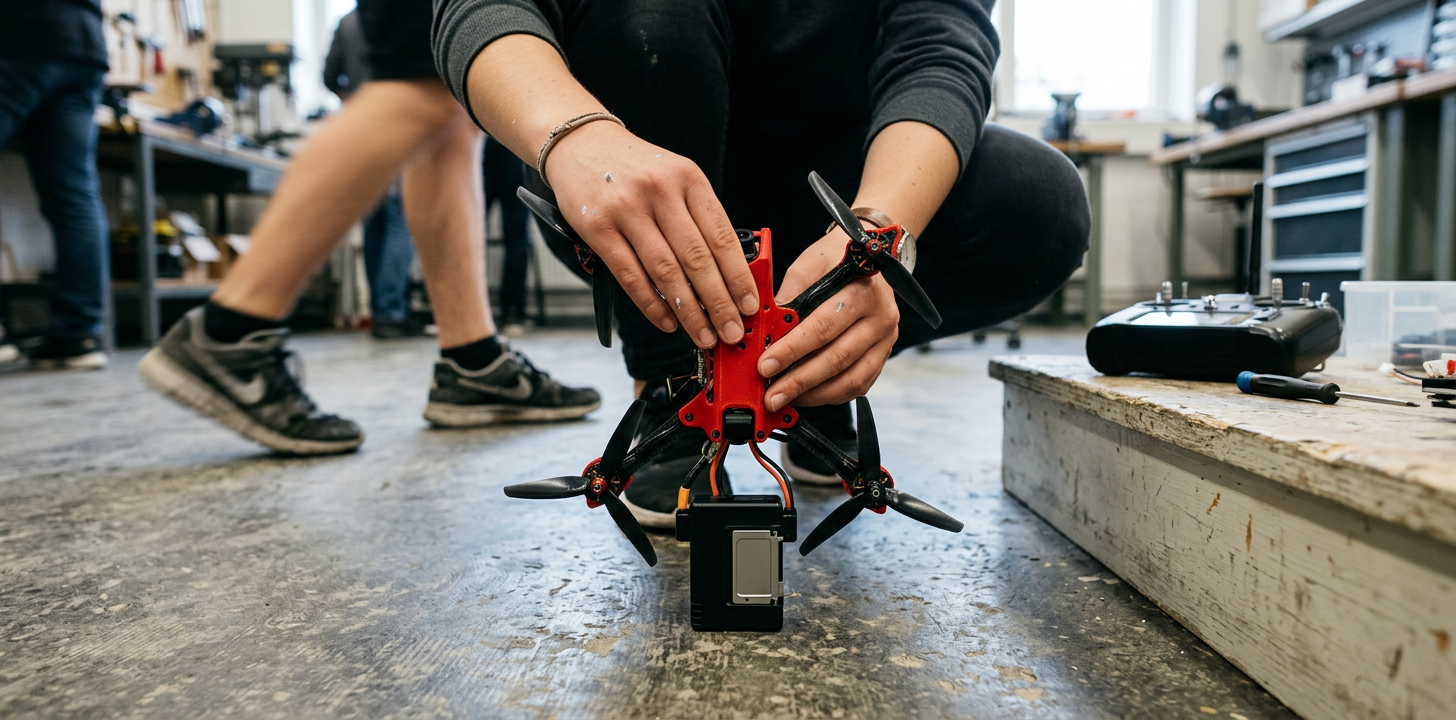 A student's hands holding the red drone upright with the black drop box cartridge clipped underneath, the remote on a bench